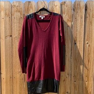 Woolrich Burgundy V-Neck Sweater Dress with Faux Leather Trim